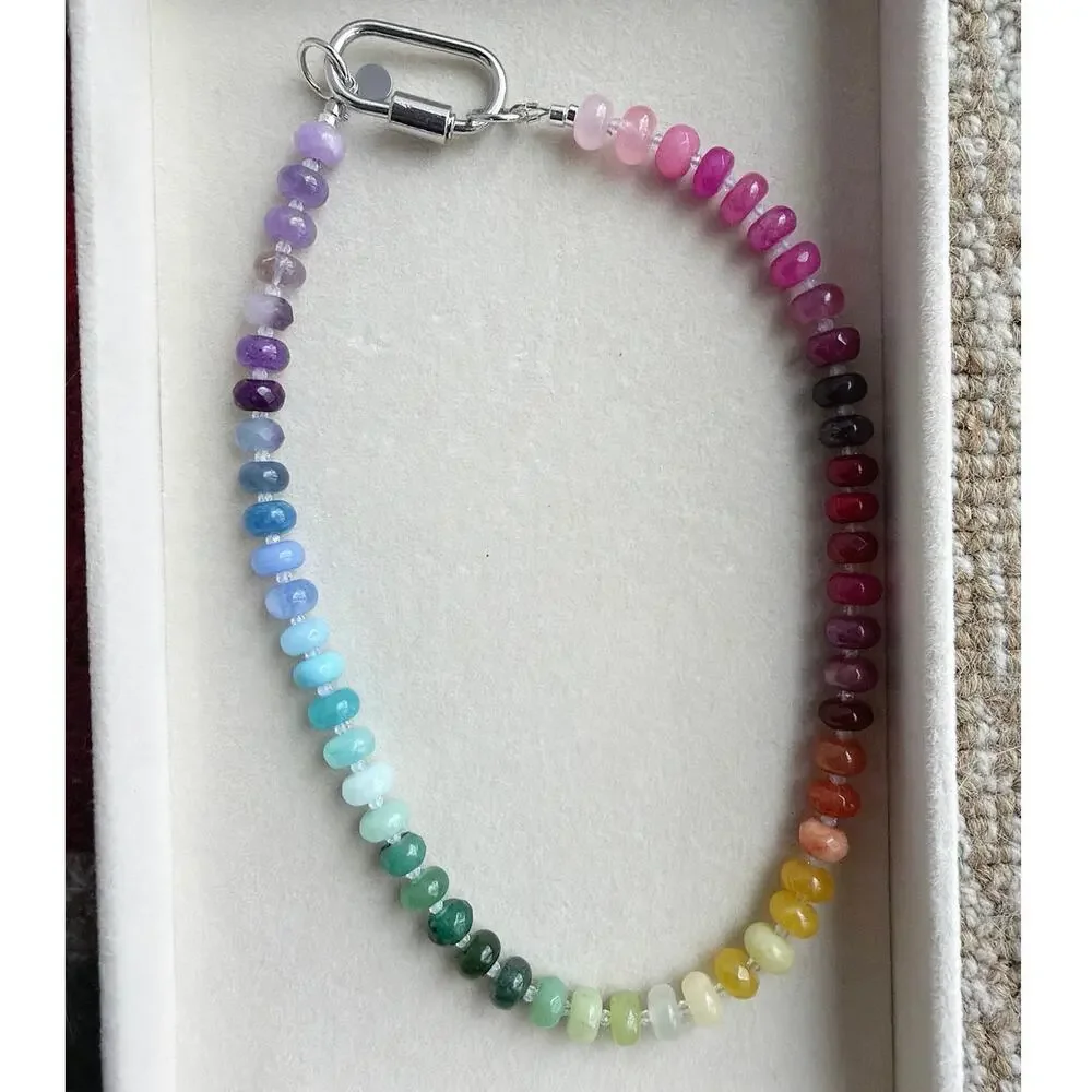 Ombre Rainbow Gemstone Necklace, Semi-Precious, Silver Tone Hardware, 16